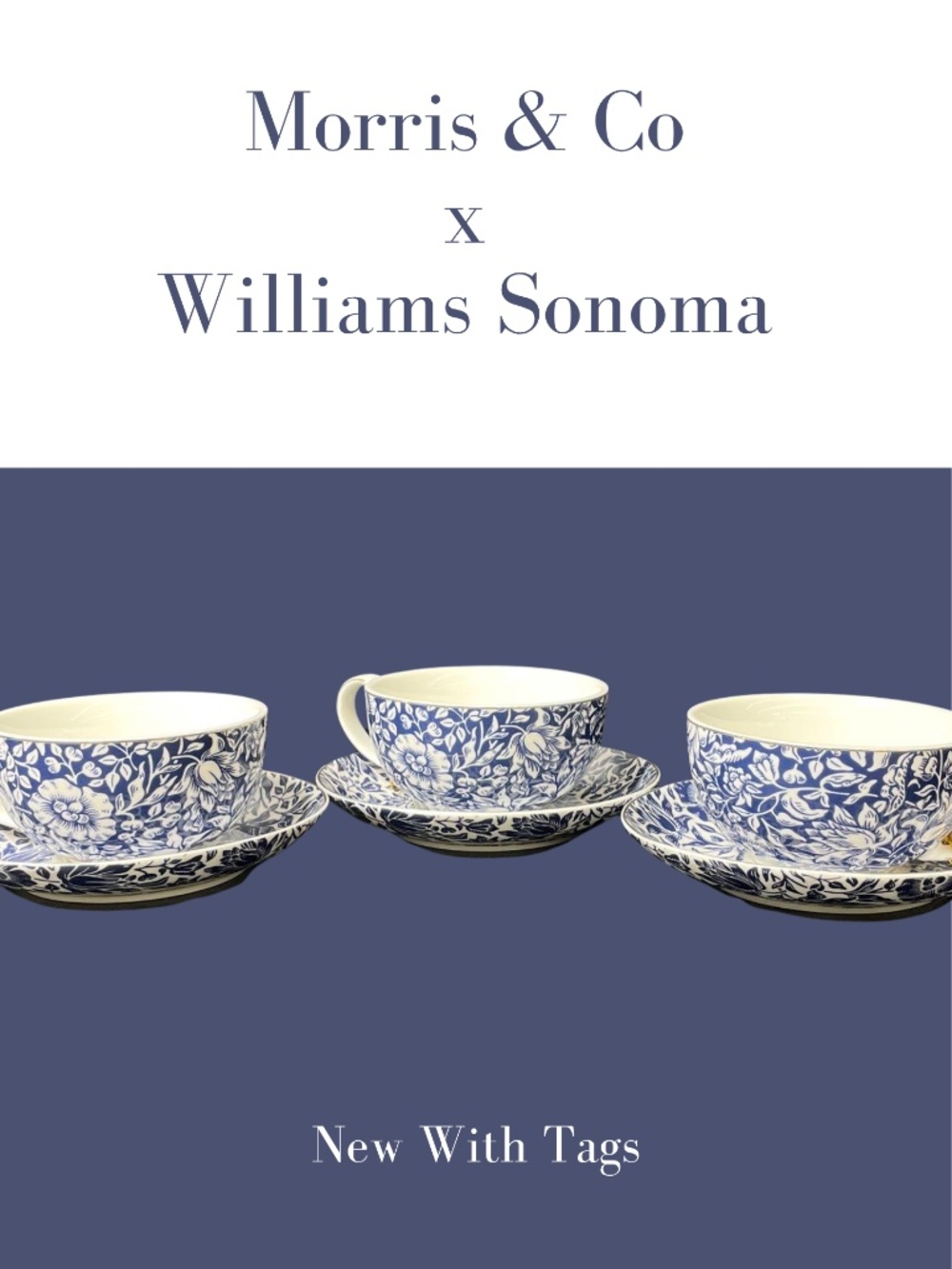 Set of 3 Morris & Co x Williams Sonoma Bluebell Porcelain Tea Cup & Saucer Set